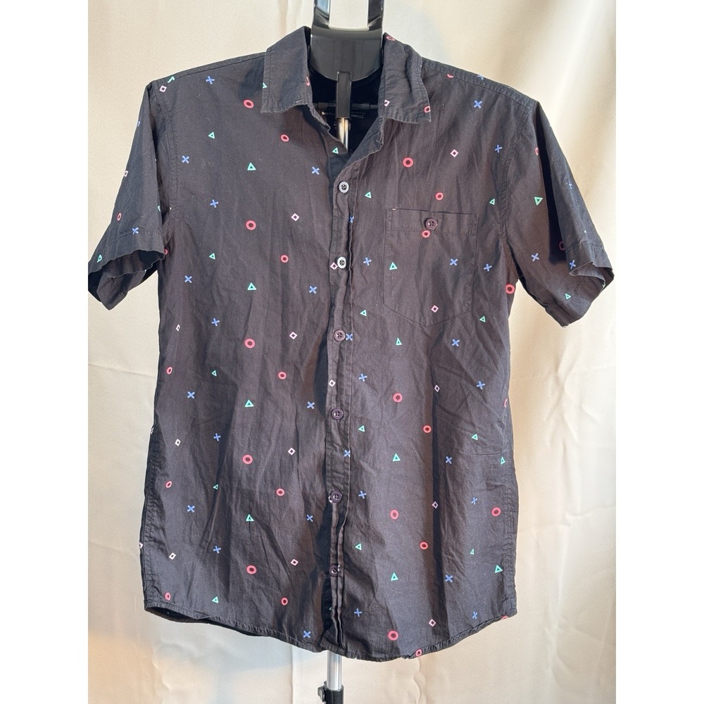 PlayStation Men's Short Sleeve Button Up Shirt‎ M Black Logo Pattern Gamer